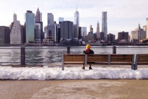 snow bench man person